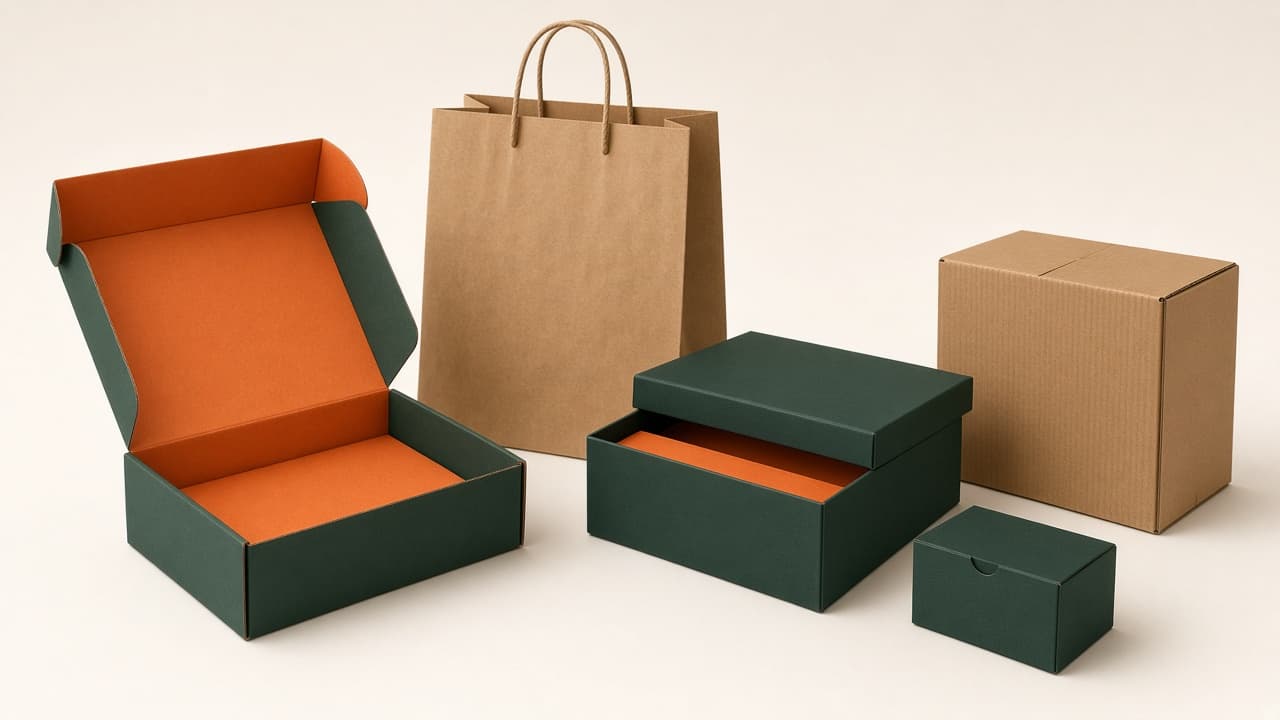 Studio arrangement of custom mailer boxes, kraft bags, rigid gift boxes, and shipping packaging